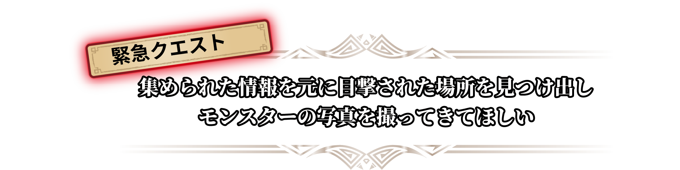 緊急クエスト｜集められた情報を元に目撃された場所を見つけ出しモンスターの写真を撮ってきてほしい